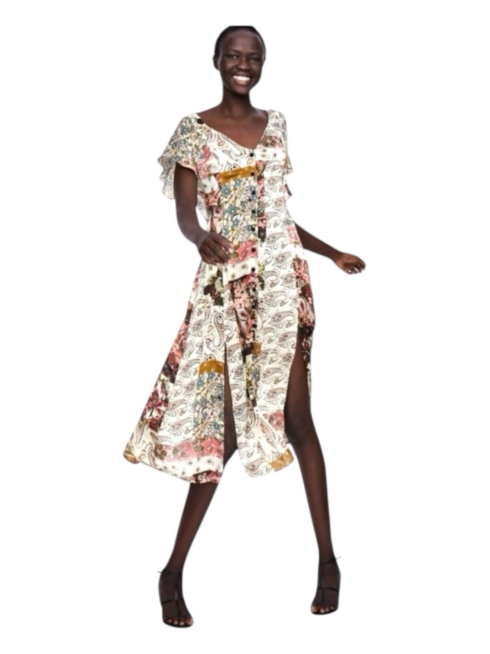 ZARA Floral & Paisley Patchwork Midi Dress, Size XS.